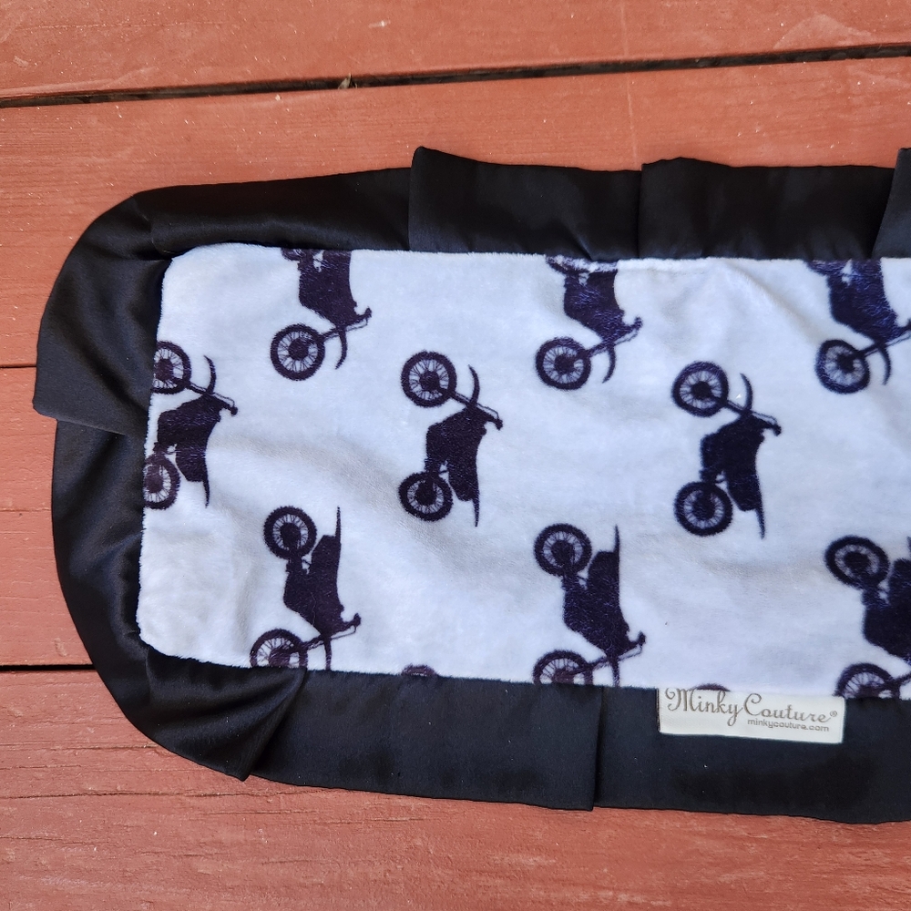 MINKY COUTURE Baby Burp Cloth Security Blanket Black Motorcycle Print Ruffle - Picture 2 of 10